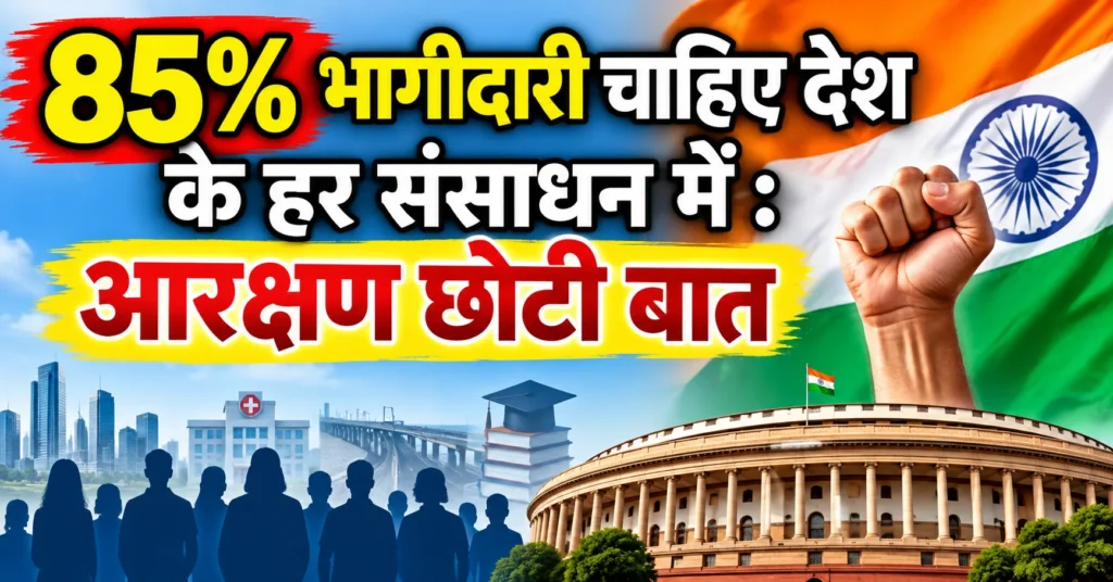 85 प्रतिशत भागीदारी और देश के हर संसाधन में समान हिस्सेदारी की मांग दर्शाता आरक्षण जागरूकता थंबनेल
